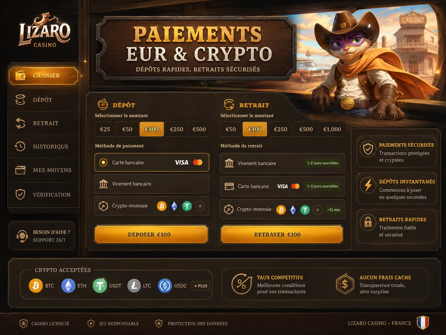 Paiements Lizaro en euros, cartes et crypto